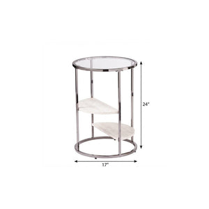 24" Black Metal Glass And Faux Marble Round End Table With Two Shelves
