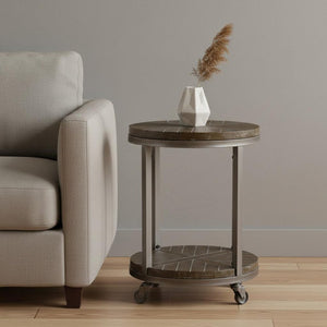 24" Brown Manufactured Wood And Iron Round End Table With Shelf