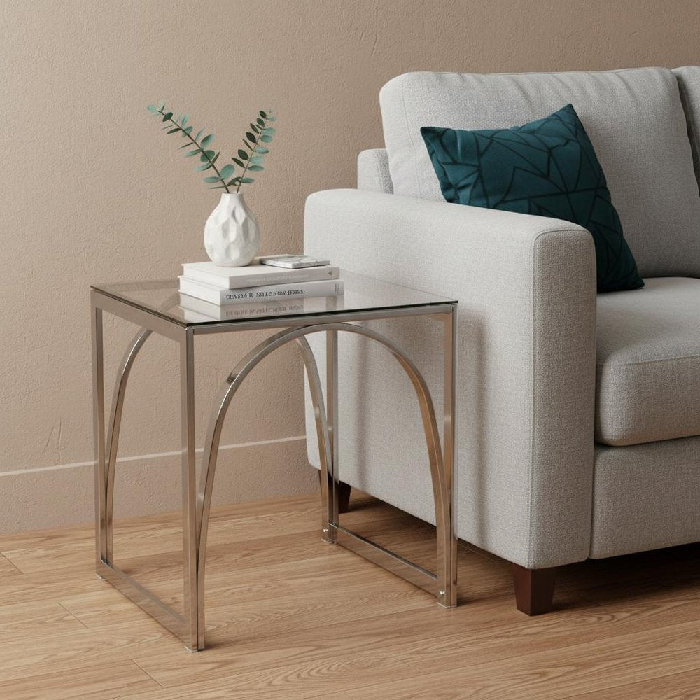 22" Chrome Glass And Iron Square End Table
