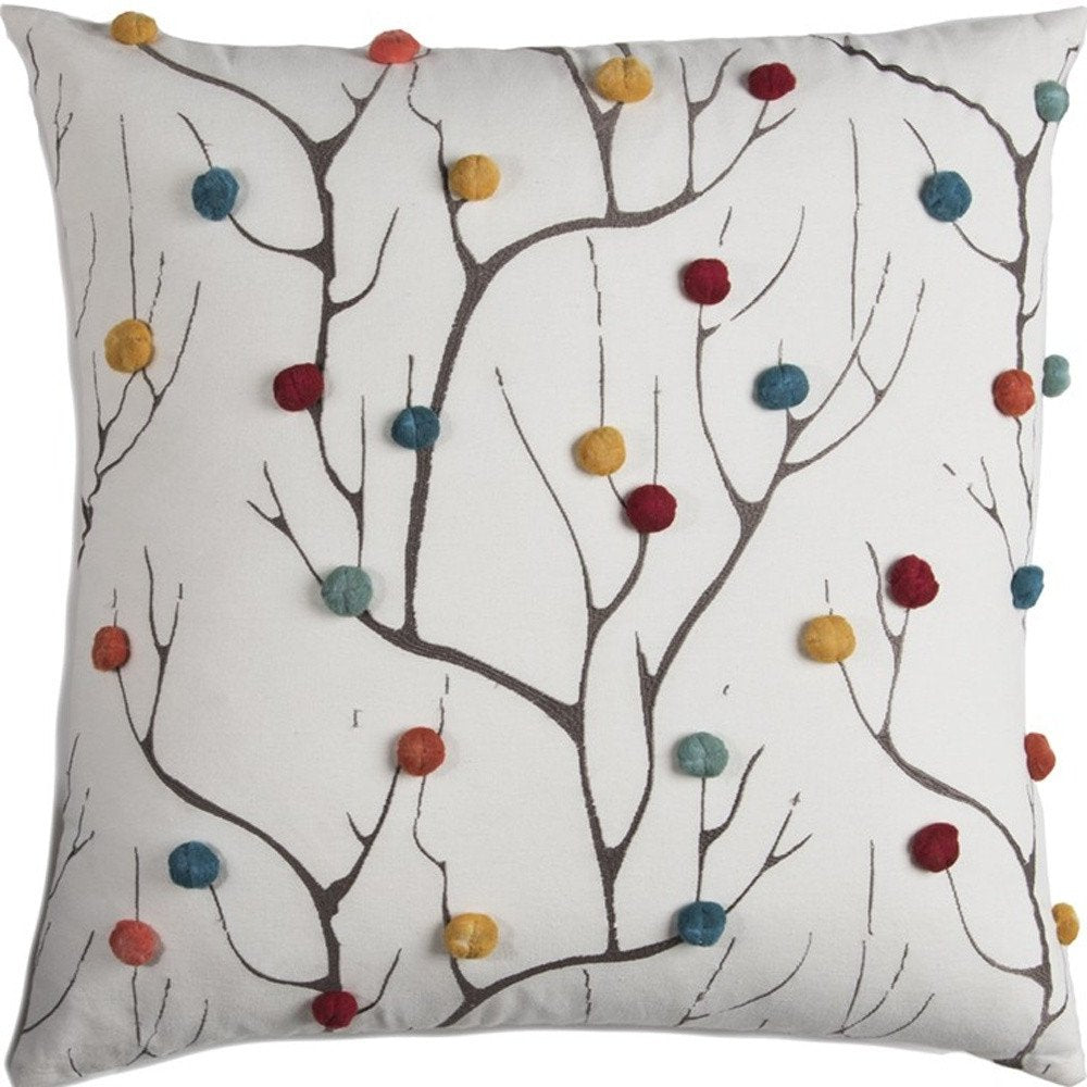 20" White And Black Coral Indoor Outdoor Throw Pillow With Pompoms