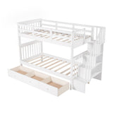 White Twin Over Twin Bunk Bed with Stairway and Drawers