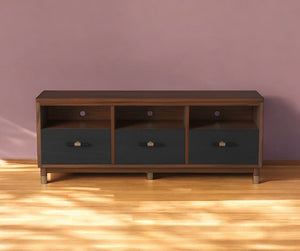 61" Brown and Black Solid Wood Open Shelving TV Stand