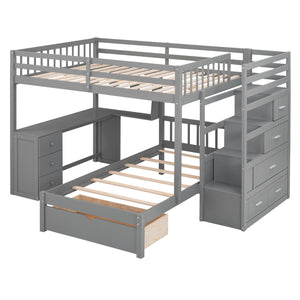 The "Bunk Bed With Desk, Drawers And Shelves" is a gray wooden set with a lower single bed and an upper loft bed including guardrails. It features a stairway with drawers and an L-shaped desk beneath, but mattresses are not included.