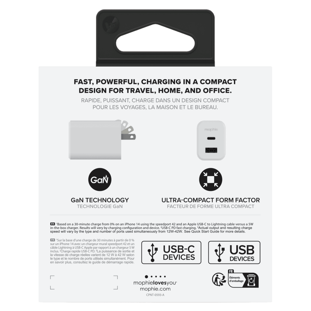 mophie 42W GaN Dual Port USB C and USB A Wall Charger by mophie