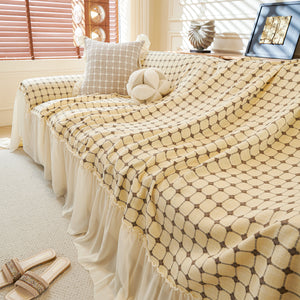 Grid Textured Sofa Cover with Sheer Ruffle Skirt, Pet-Friendly Sofa Throw Slipcover