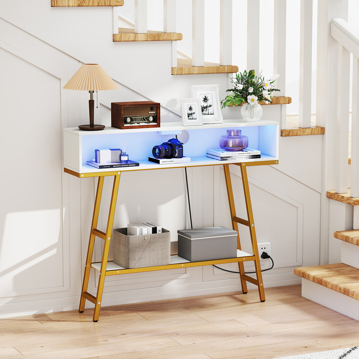 40" Console Table with Charging Station and LED Lights-White
