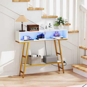 40" Console Table with Charging Station and LED Lights-White
