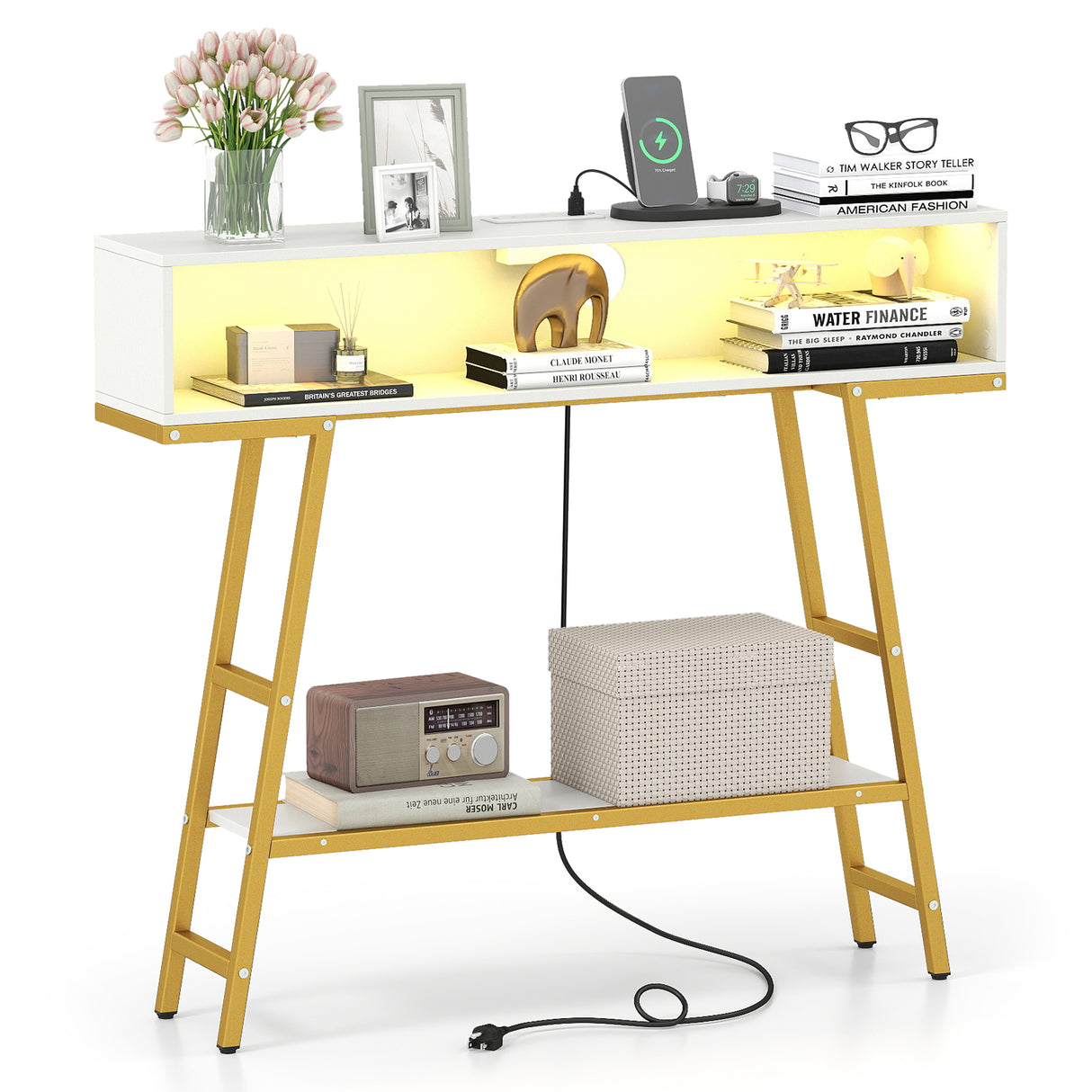 40" Console Table with Charging Station and LED Lights-White