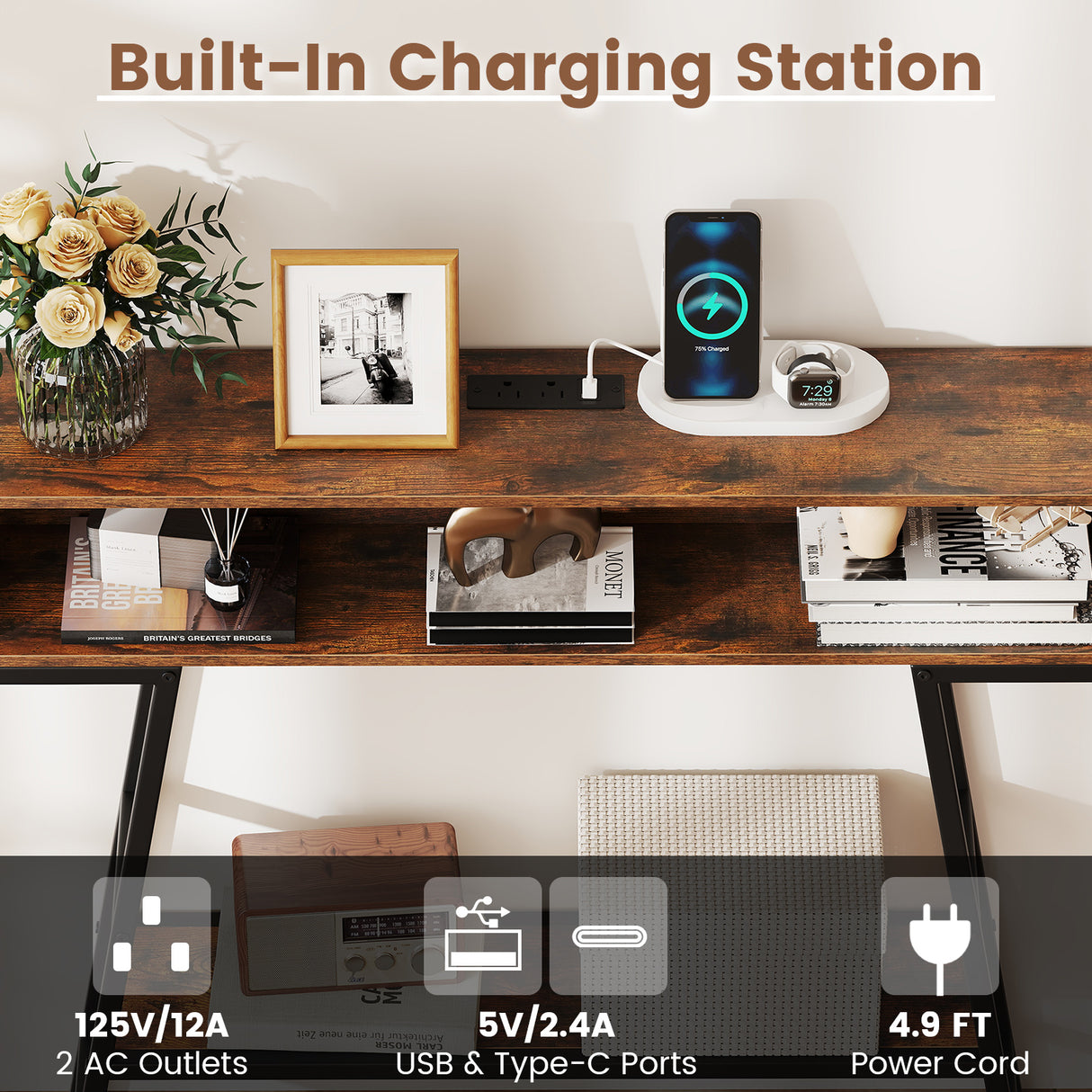 40" Console Table with Charging Station and LED Lights-Rustic Brown