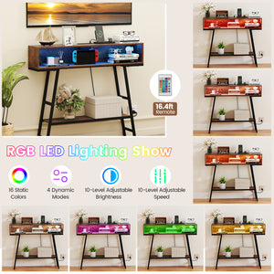 40" Console Table with Charging Station and LED Lights-Rustic Brown