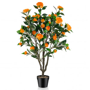 40 Inch Artificial Camellia Tree with 37 Flowers and River Stones in Pot-1 Pack
