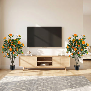 40 Inch Artificial Camellia Tree with 37 Flowers and River Stones in Pot-1 Pack