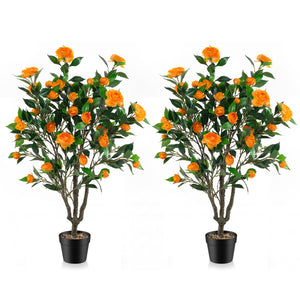 40 Inch Artificial Camellia Tree with 37 Flowers and River Stones in Pot-2 Pack
