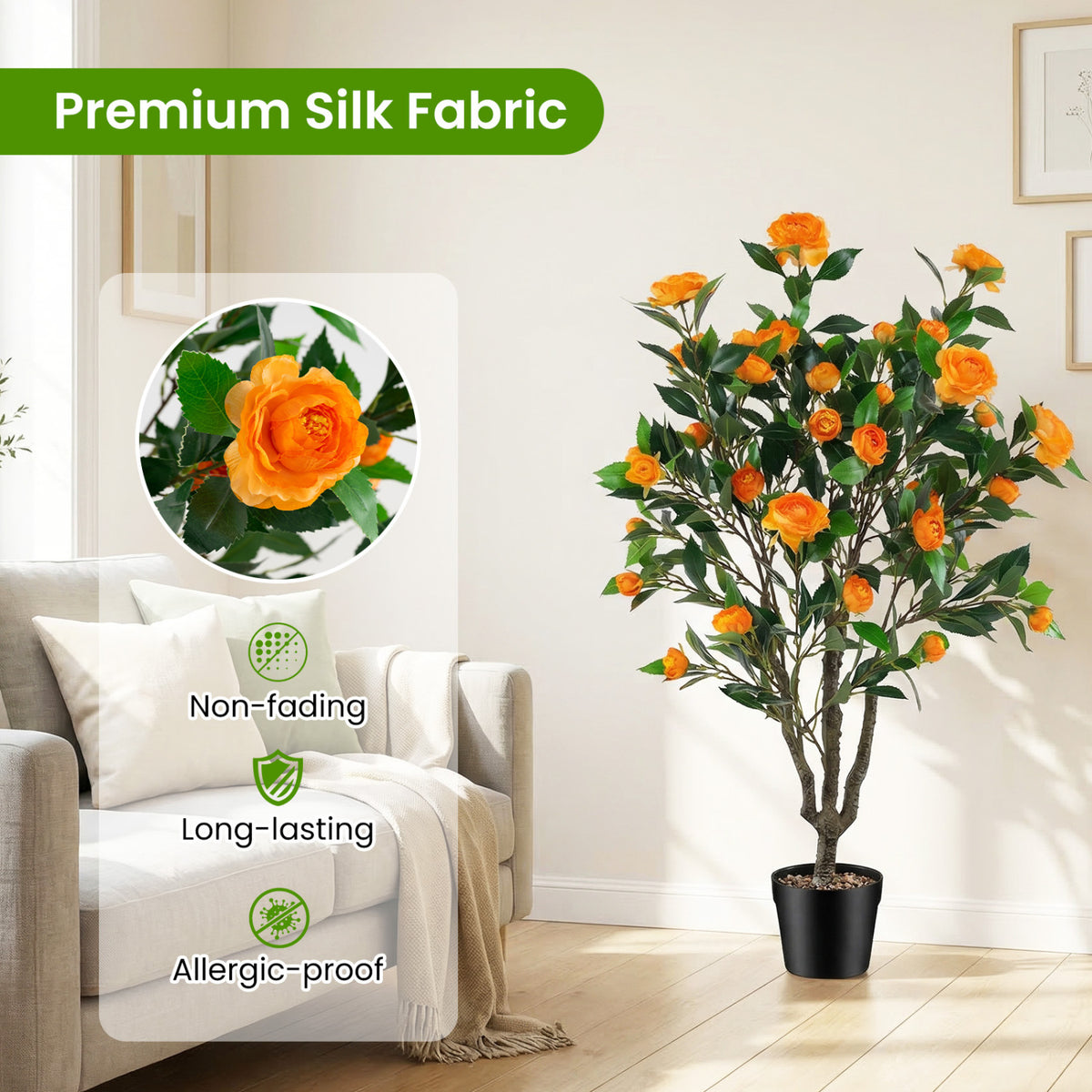 40 Inch Artificial Camellia Tree with 37 Flowers and River Stones in Pot-2 Pack