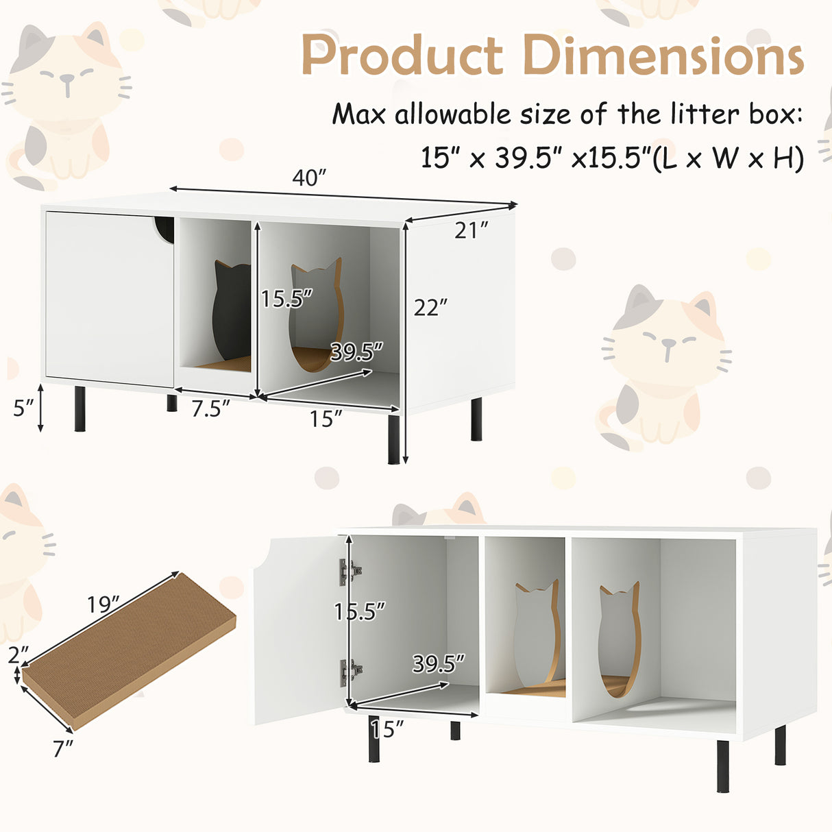 40 Inch Cat Litter Box Enclosure for 2 Cats Hidden Cat Washroom-White