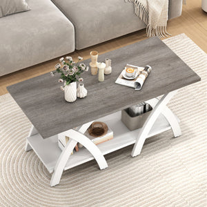 40 Inch Farmhouse Wooden Coffee Table with Storage Shelf with X-shaped Legs-Gray