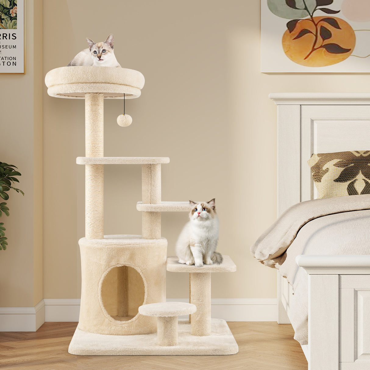40 Inch Multi-level Cat Tower with Condo and Dangling Jingle Ball-Beige