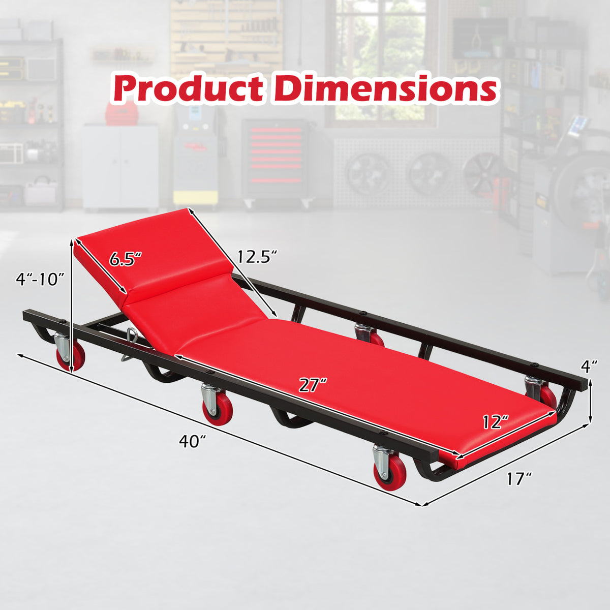 40 Inch Rolling Creeper Padded Mechanic Cart with Adjustable Backrest and Headrest-Red