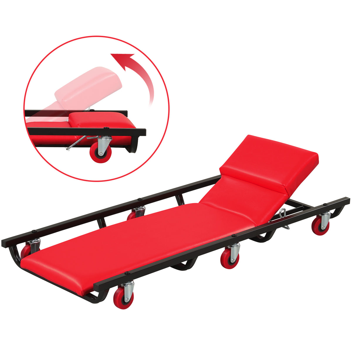 40 Inch Rolling Creeper Padded Mechanic Cart with Adjustable Backrest and Headrest-Red