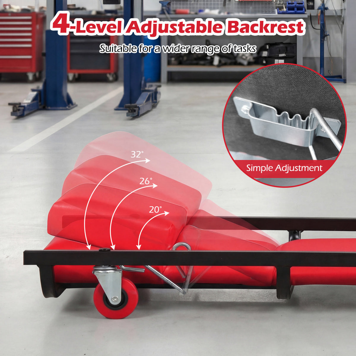 40 Inch Rolling Creeper Padded Mechanic Cart with Adjustable Backrest and Headrest-Red