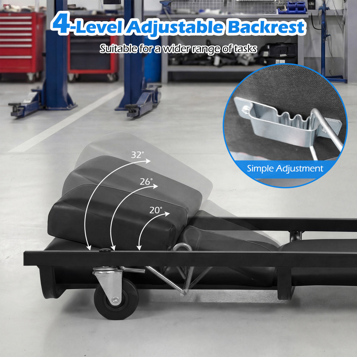 40 Inch Rolling Creeper Padded Mechanic Cart with Adjustable Backrest and Headrest-Black