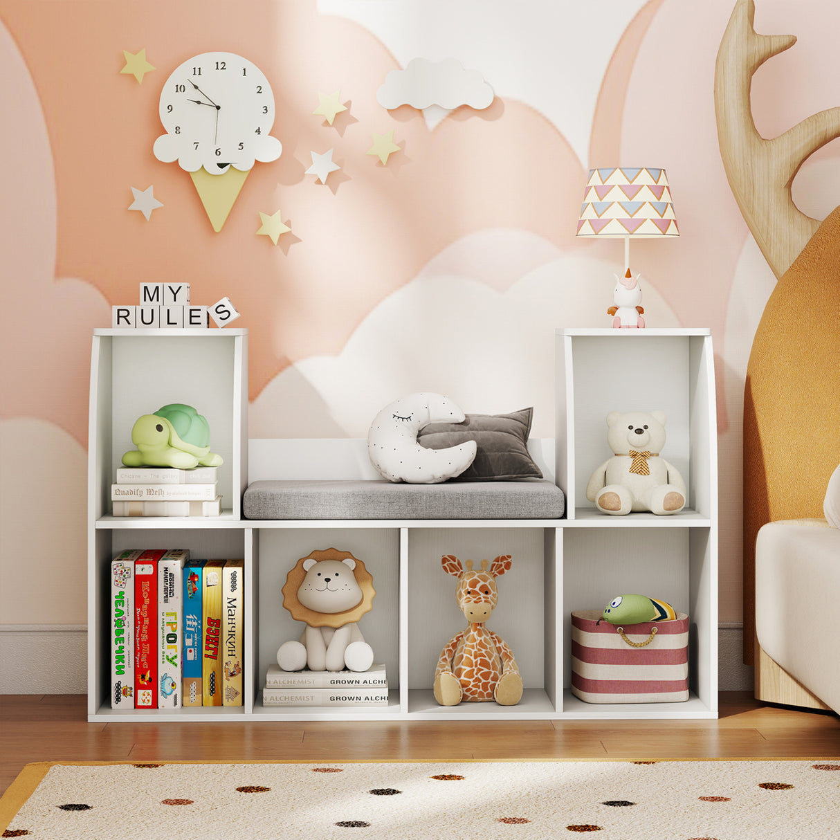40 Inches Kids Bookshelf with Reading Nook Bookcase with 6 Open Cubes-White