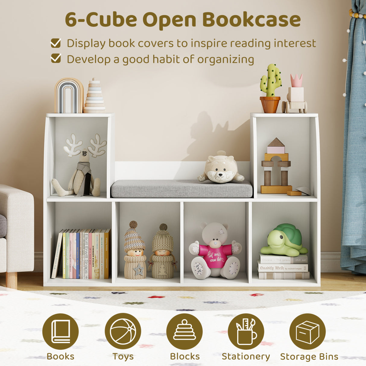 40 Inches Kids Bookshelf with Reading Nook Bookcase with 6 Open Cubes-White