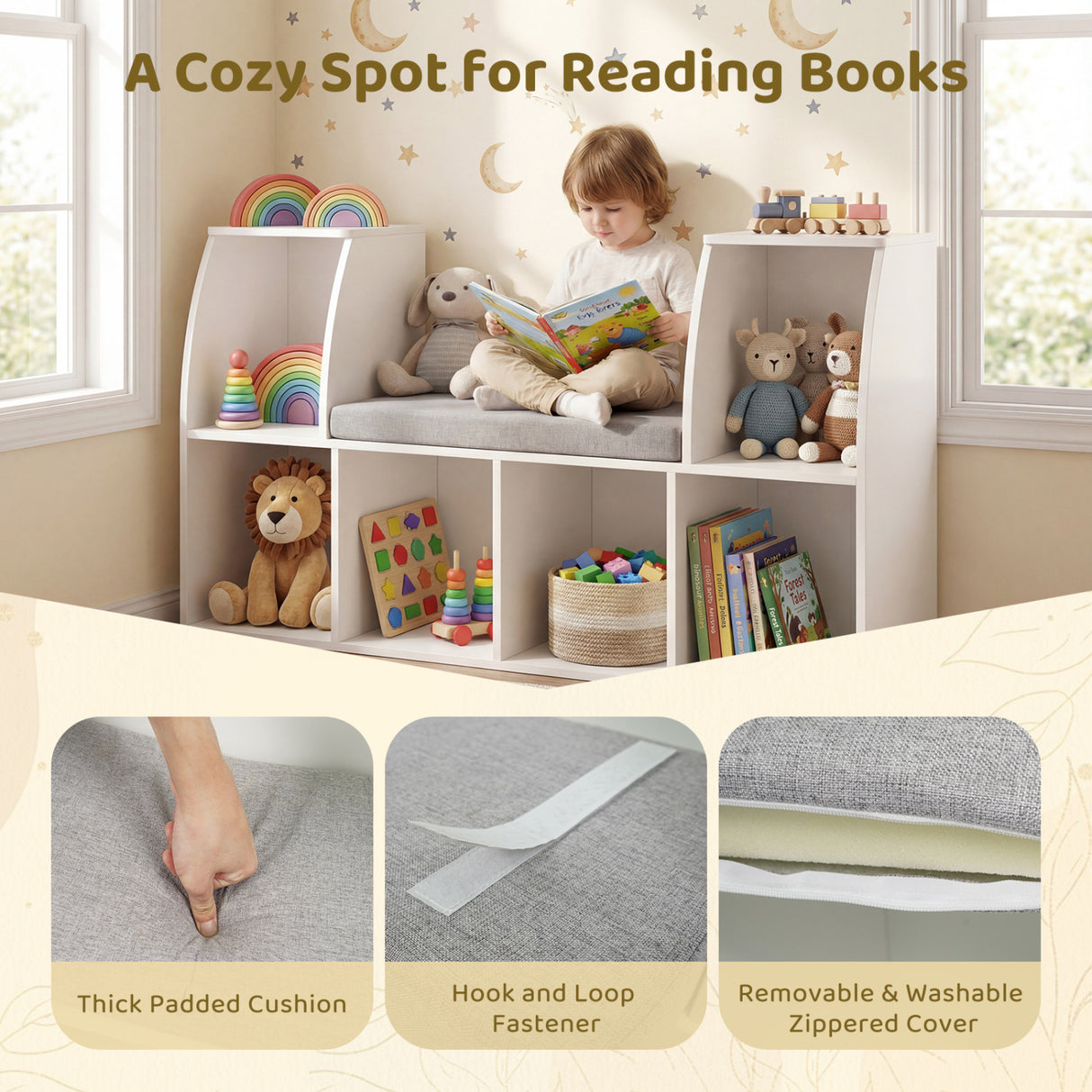 40 Inches Kids Bookshelf with Reading Nook Bookcase with 6 Open Cubes-White