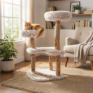 40â€ Modern Cat Tree Tower with Luxury Real Wood Natural Branch and 2 Padded Perches for Pets-White