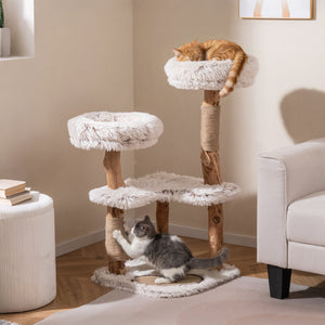 40â€ Modern Cat Tree Tower with Luxury Real Wood Natural Branch and 2 Padded Perches for Pets-White