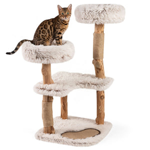 40â€ Modern Cat Tree Tower with Luxury Real Wood Natural Branch and 2 Padded Perches for Pets-White