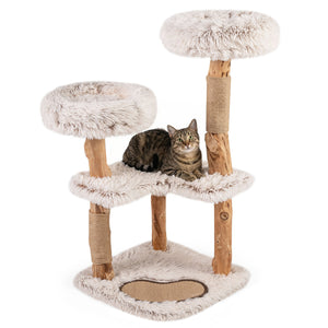 40â€ Modern Cat Tree Tower with Luxury Real Wood Natural Branch and 2 Padded Perches for Pets-White