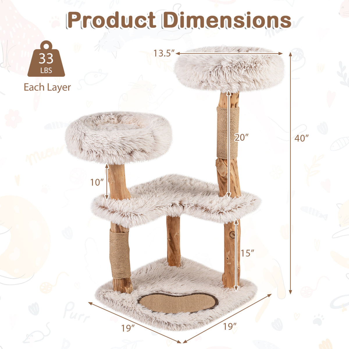 40â€ Modern Cat Tree Tower with Luxury Real Wood Natural Branch and 2 Padded Perches for Pets-White