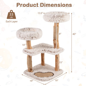40â€ Modern Cat Tree Tower with Luxury Real Wood Natural Branch and 2 Padded Perches for Pets-White