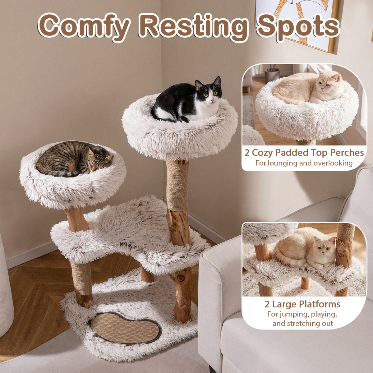 40â€ Modern Cat Tree Tower with Luxury Real Wood Natural Branch and 2 Padded Perches for Pets-White