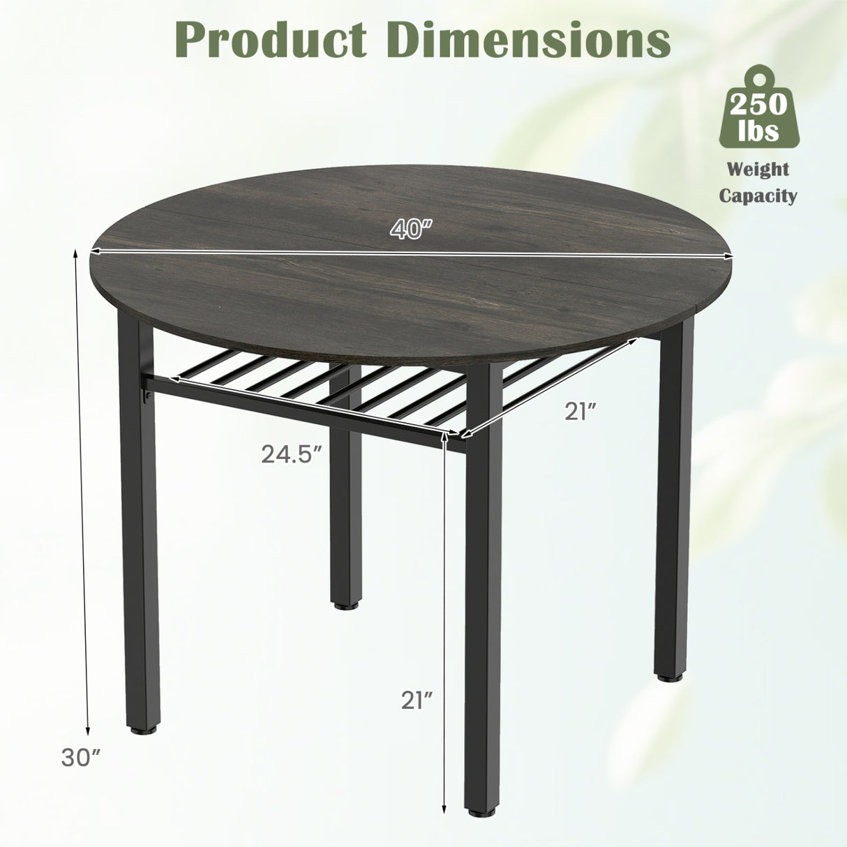 40” Round Kitchen Table with Storage Shelf and Metal Frame for 4 People-Gray