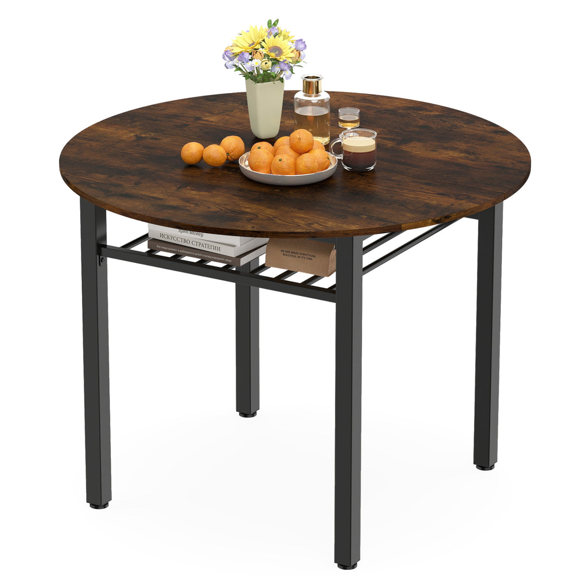 40â€ Round Kitchen Table with Storage Shelf and Metal Frame for 4 People-Rustic Brown