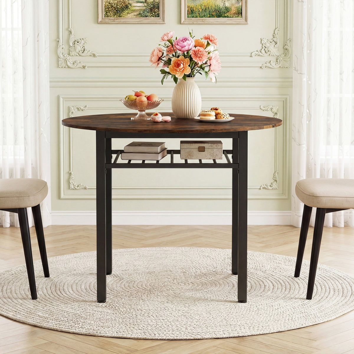 40â€ Round Kitchen Table with Storage Shelf and Metal Frame for 4 People-Rustic Brown