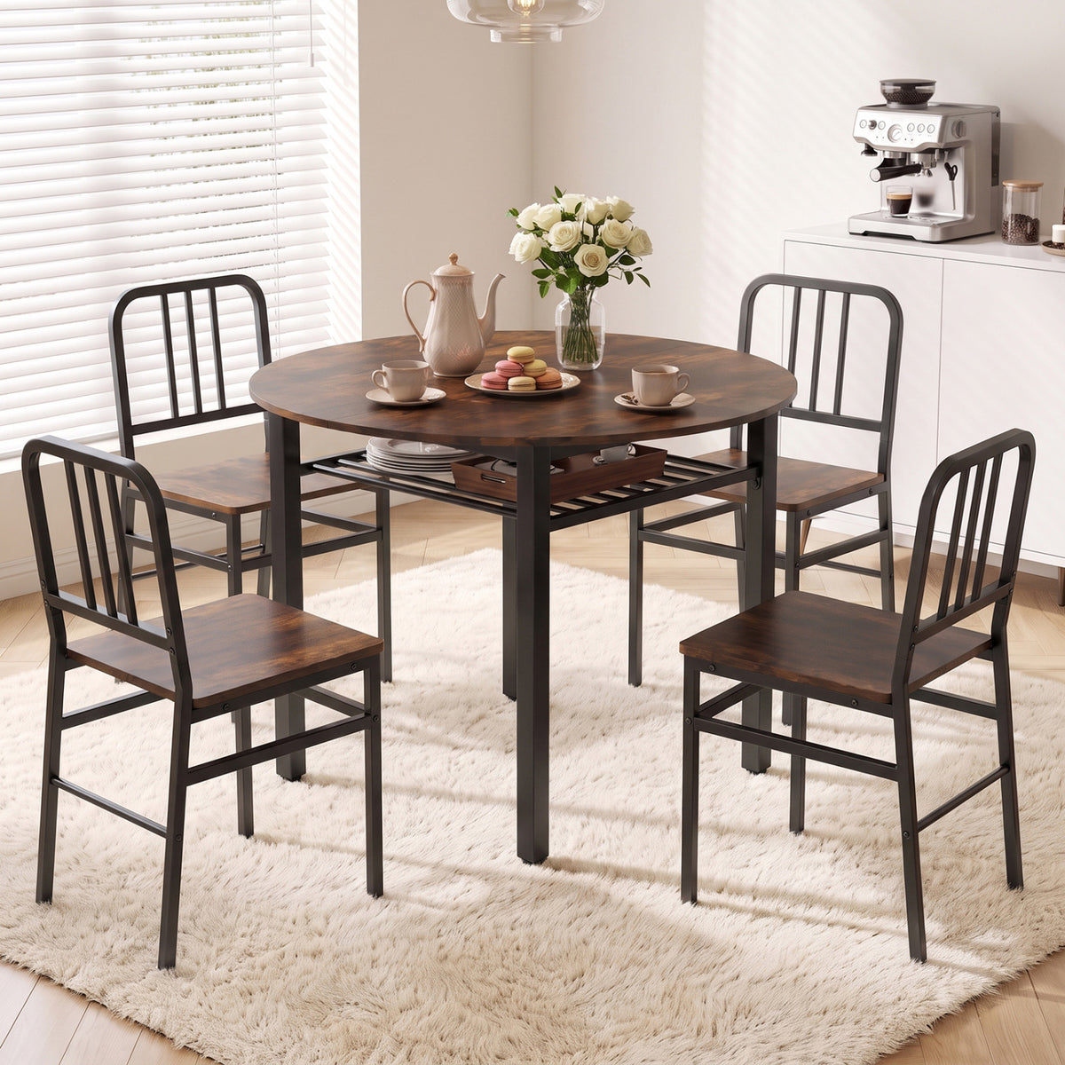 40â€ Round Kitchen Table with Storage Shelf and Metal Frame for 4 People-Rustic Brown