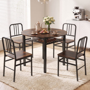 40â€ Round Kitchen Table with Storage Shelf and Metal Frame for 4 People-Rustic Brown