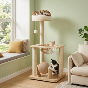40" Solid Wood Cat Tree with Space Capsule & Sisal Posts and Scratching Board-Natural
