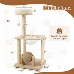 40" Solid Wood Cat Tree with Space Capsule & Sisal Posts and Scratching Board-Natural