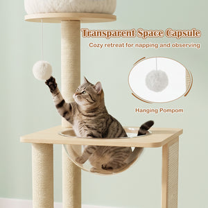 40" Solid Wood Cat Tree with Space Capsule & Sisal Posts and Scratching Board-Natural