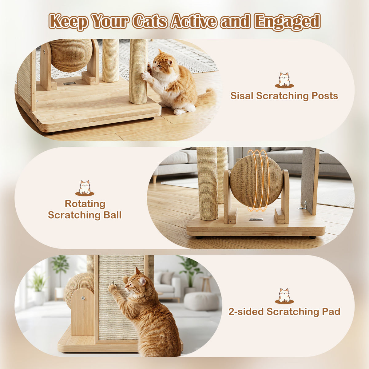40" Solid Wood Cat Tree with Space Capsule & Sisal Posts and Scratching Board-Natural