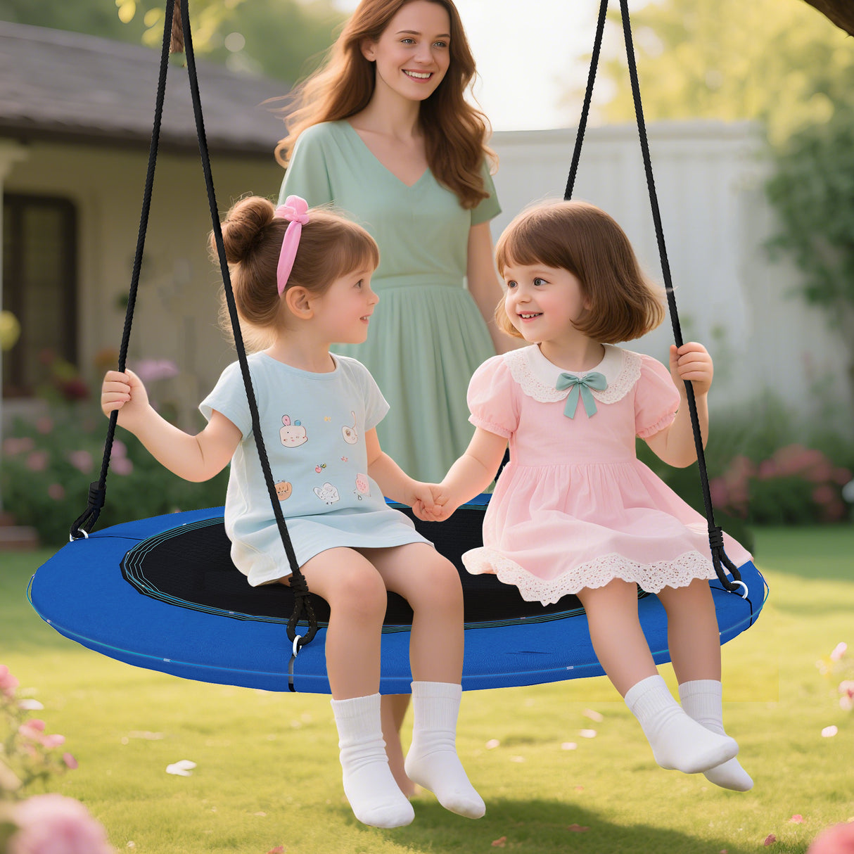 40 Inches Saucer Tree Swing Round with Lights for Kids and Adults-Blue