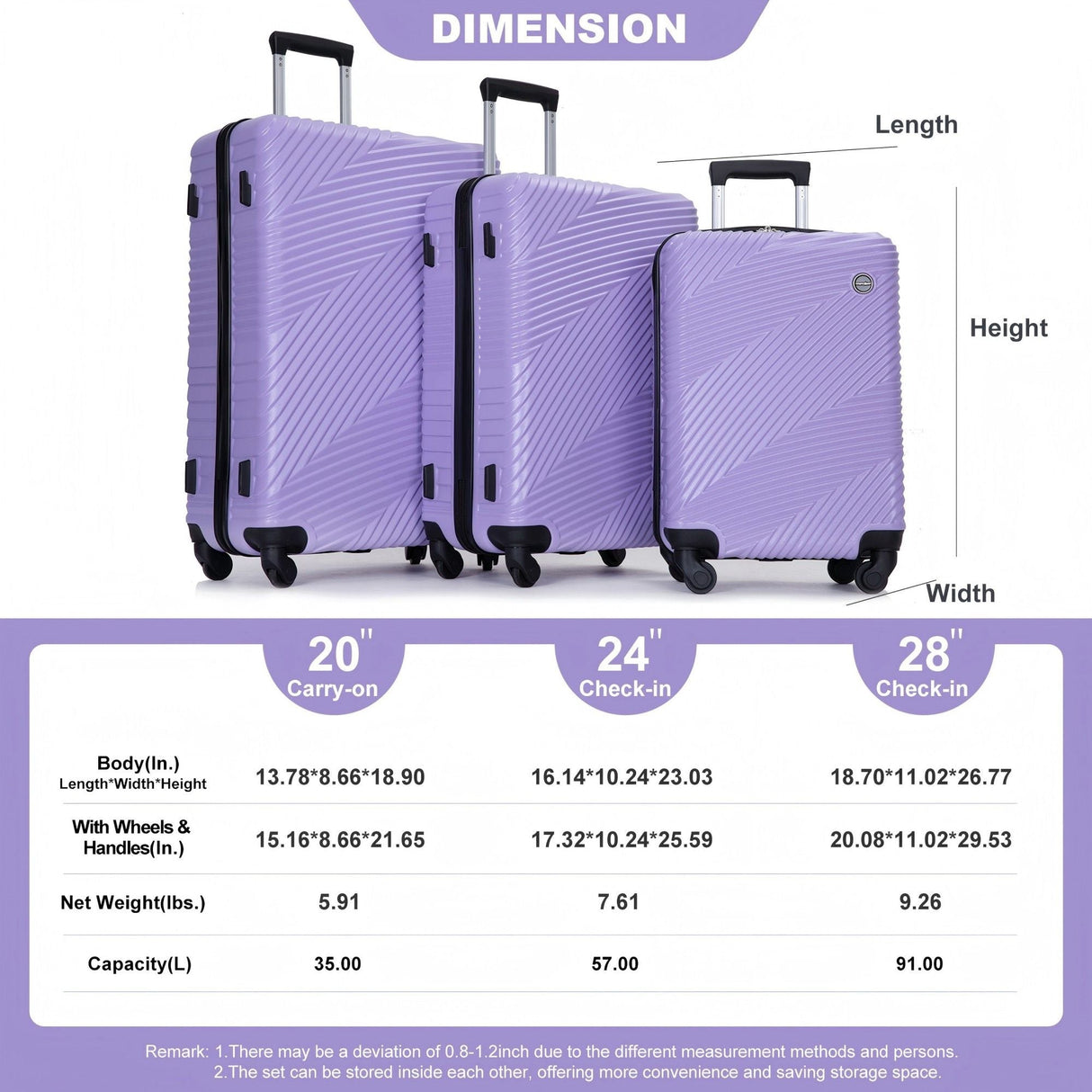 3 Piece Luggage Sets Lightweight Suitcase With Two Hooks, Spinner Wheels, by Couch.com