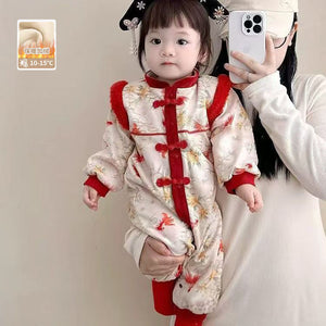 Red Festive Warm Childrens Cotton Padded Jumpsuit