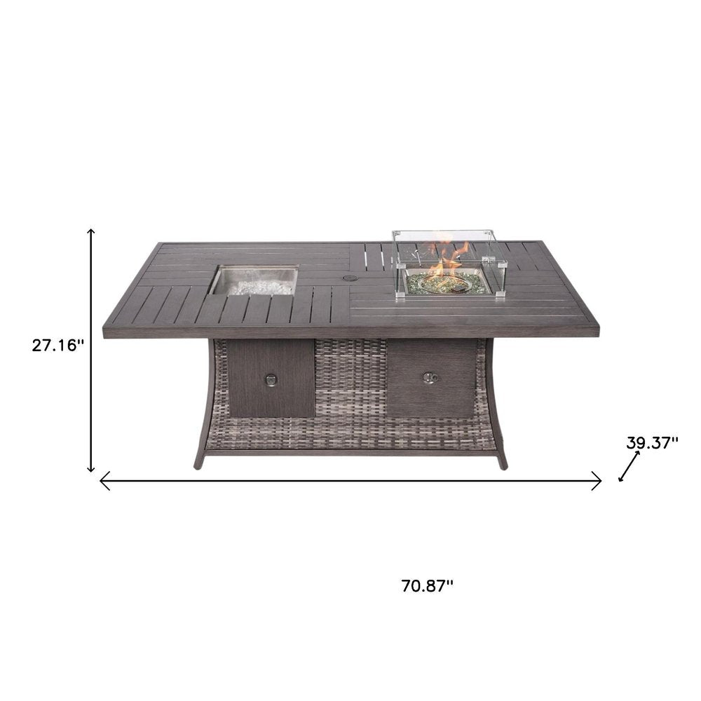 Gray Wicker Outdoor Gas Fire Pit Table with Ice Bucket