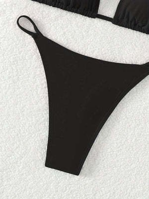 Bikini Solid Color Triangle V Neck 2 Piece Bikini Set for Women – Stretchy Double Strap Tie Back V String Swimwear with Lace Up Detail – Flattering Beach Vacation Swimsuit for Confident Summer Style and Poolside Fashion