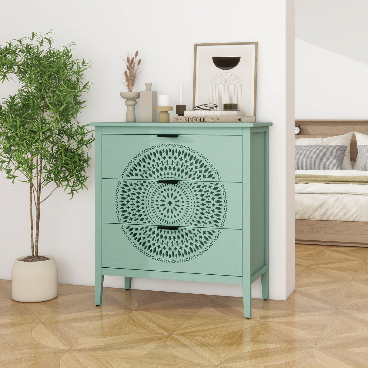 3 Drawer Storage Cabinet With Hollow Carved Design And Metal Handles, Chest For Entryway, Living Room Or Bedroom - Light Green by Couch.com